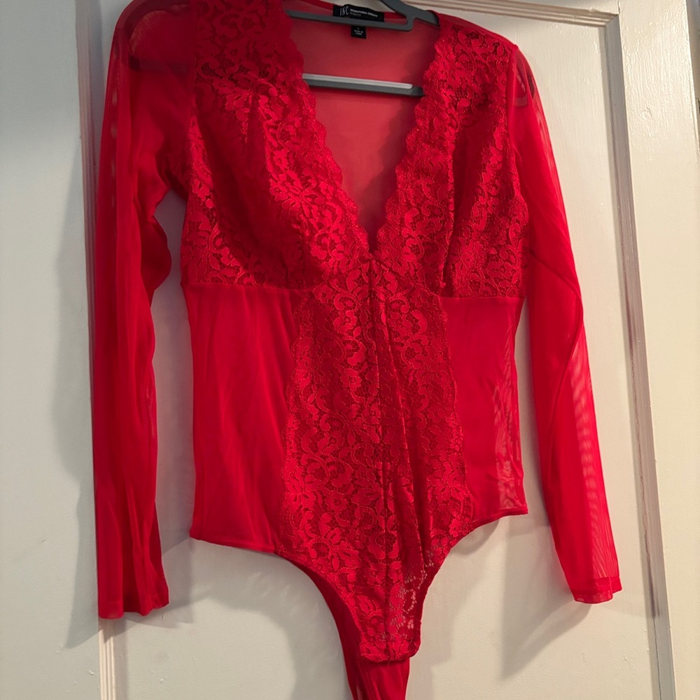Red Lace Long Sleeve Bodysuit